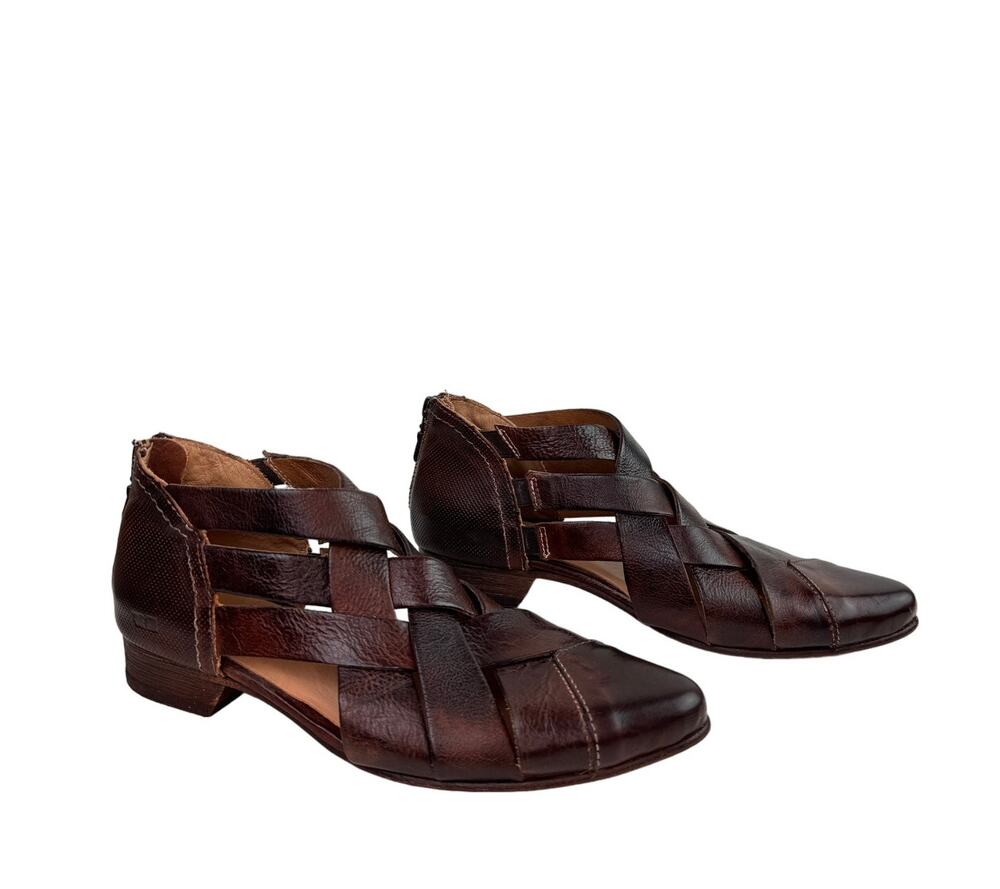 Bed|Stu Brittany F392012 Women Shoes 7 Brown Leather Back Zip Cross Strap Sandal